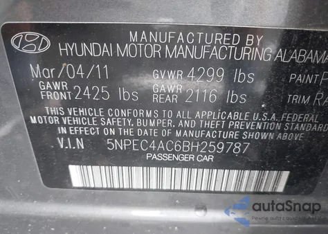 2011 Hyundai Sonata Se из США, поврежденный, VIN 5NPEC4AC6BH259787